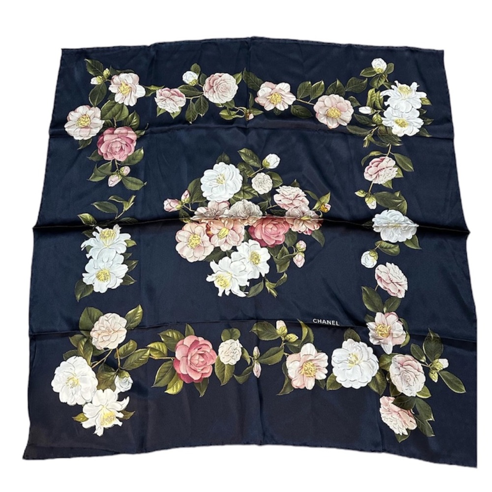 CHANEL Dark Blue Pink Floral Multicolor Vintage 100% Silk Scarf